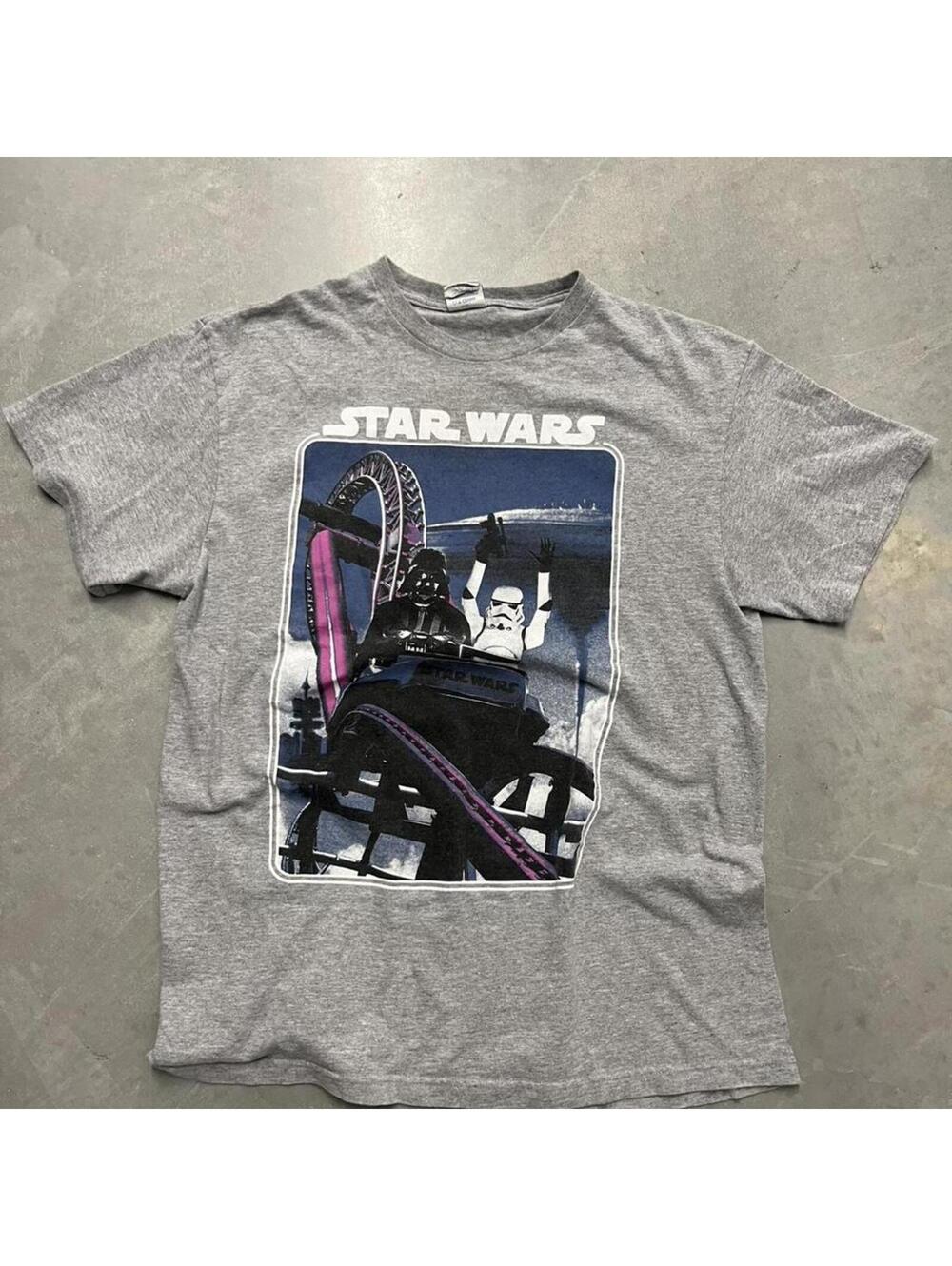 Vintage Star Wars Darth Vader Roller Coaster Graphic Tee Adult Large Gray
